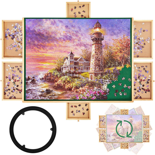1500 Pieces Rotating Wooden Jigsaw Puzzle Board, 27"x35" Puzzle Board with 6 Drawers & Cover, 360 Degree Rotating Puzzle Storage Table for Adult