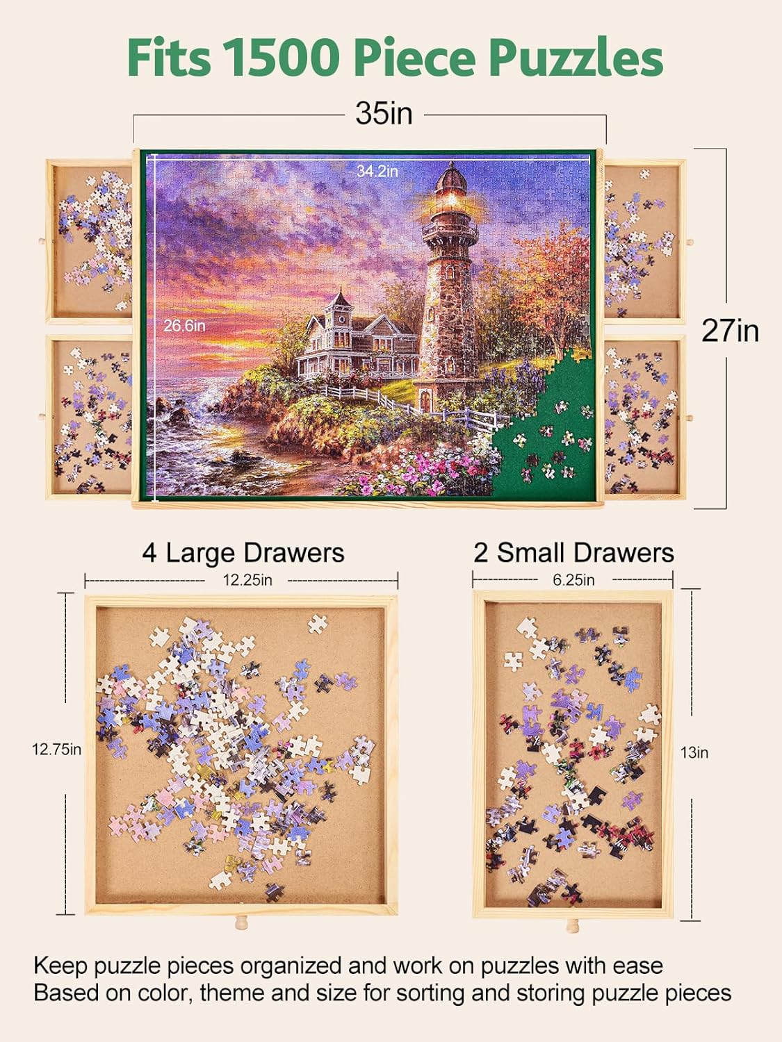 1500 Pieces Rotating Wooden Jigsaw Puzzle Board, 27"x35" Puzzle Board with 6 Drawers & Cover, 360 Degree Rotating Puzzle Storage Table for Adult